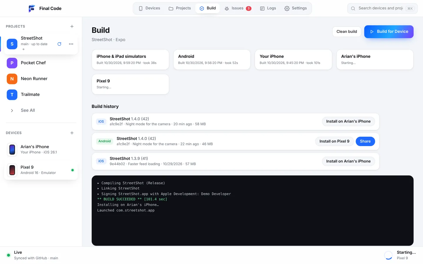 Final Code Build screen with build cards for iPhone and Android, and a build history list where each build shows its commit, date and size with Install on and Share buttons
