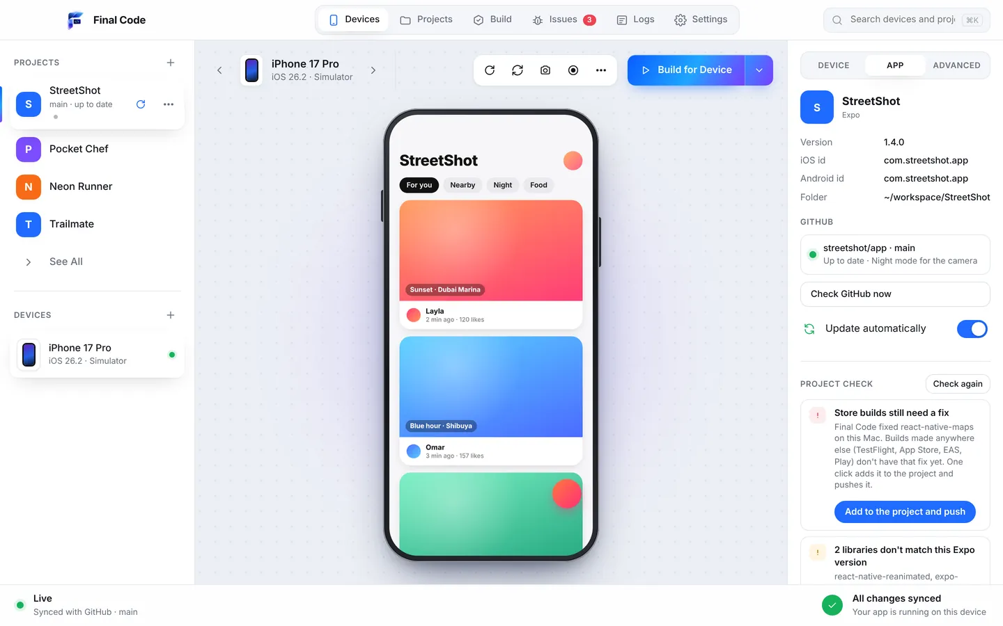 Final Code App tab listing project check findings for an Expo project, such as a library that does not match the installed Expo SDK, each with a Fix button, and GitHub sync status