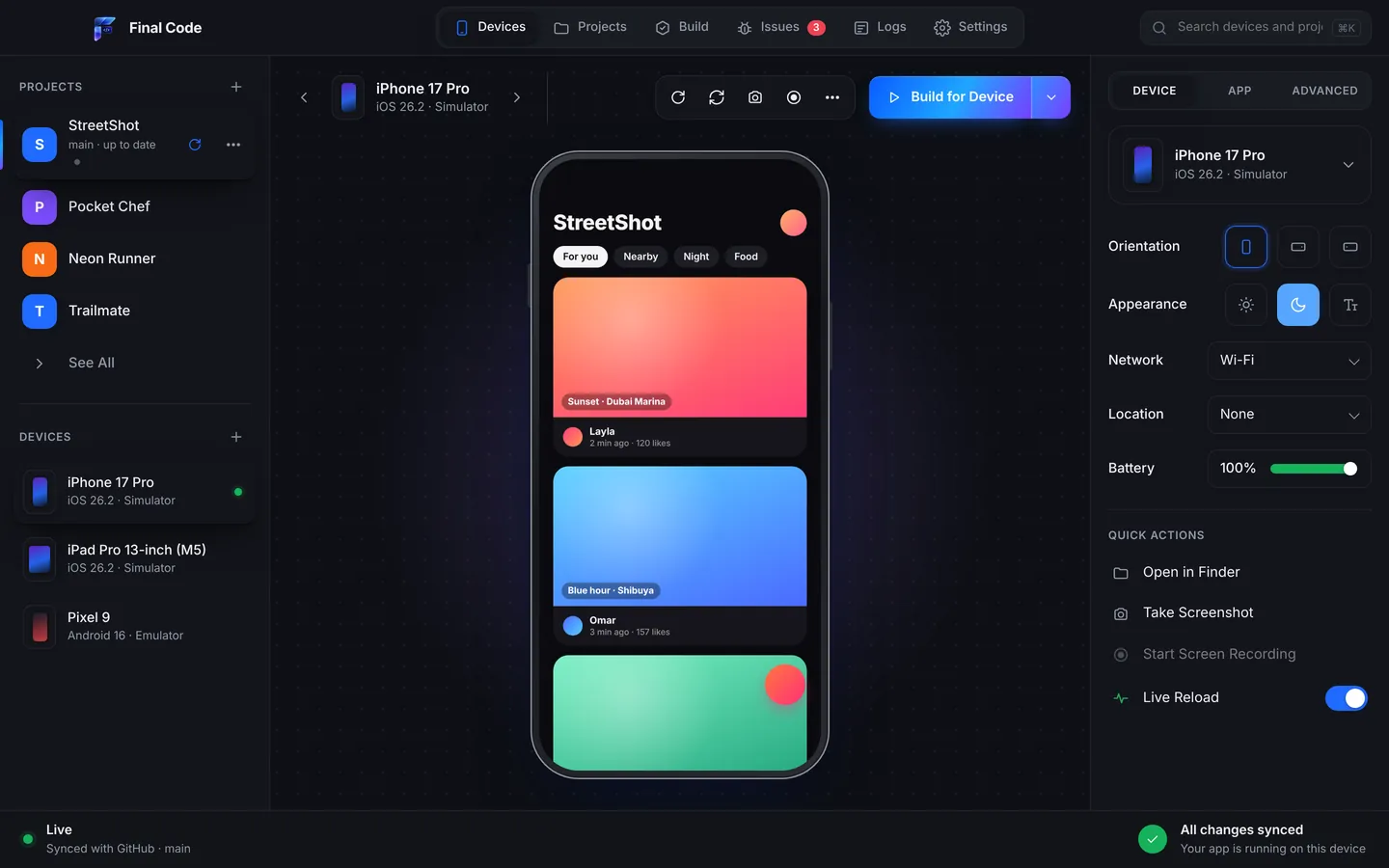 Final Code in dark mode running an app on an iPhone 17 Pro simulator, with an iPad and a Pixel emulator in the device list