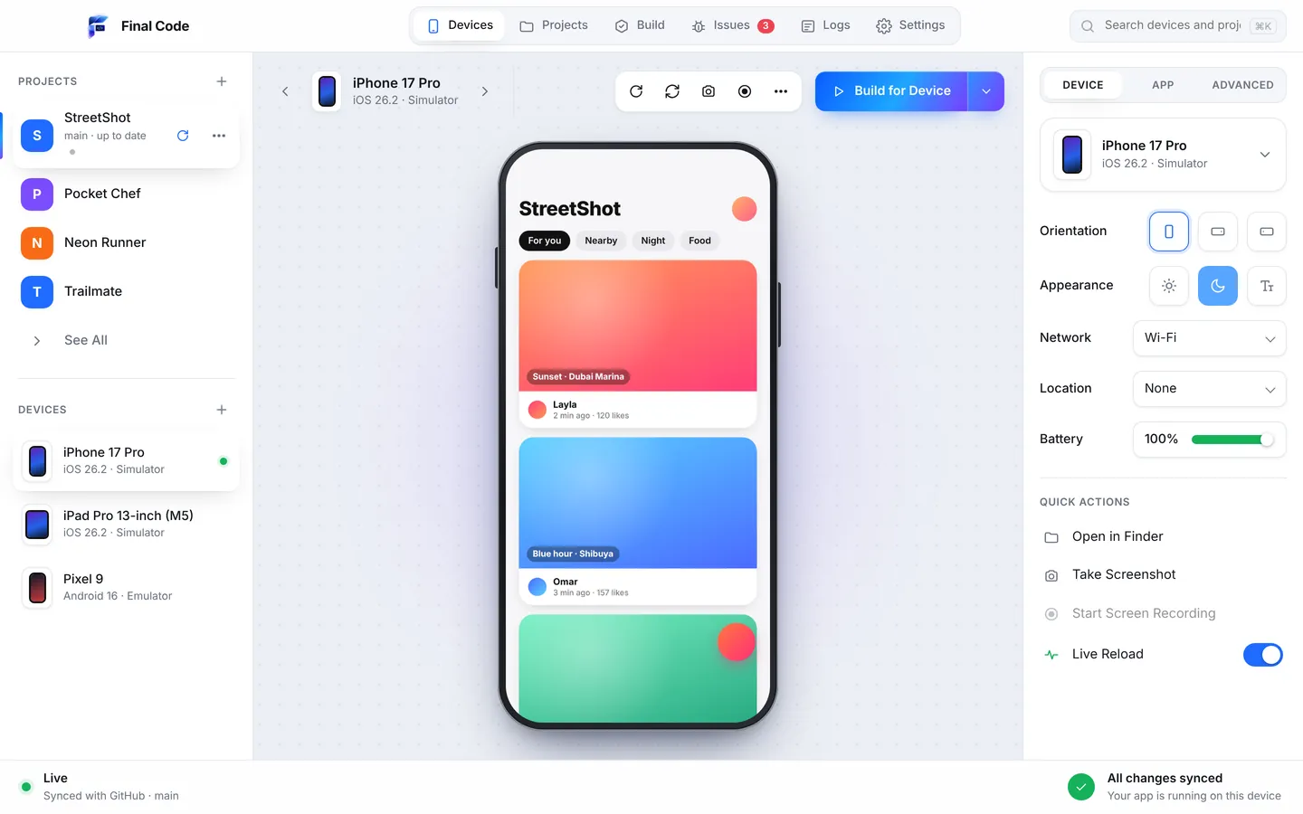 Final Code running an app on an iPhone 17 Pro simulator, with an iPad Pro simulator and a Pixel 9 emulator ready in the device list and the device inspector on the right