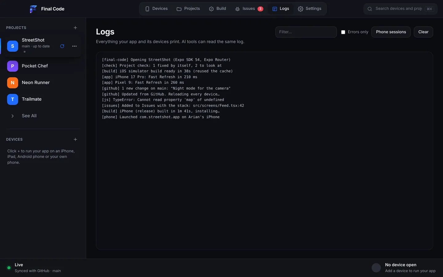 The Final Code Logs view showing live output from an Android device with error lines highlighted