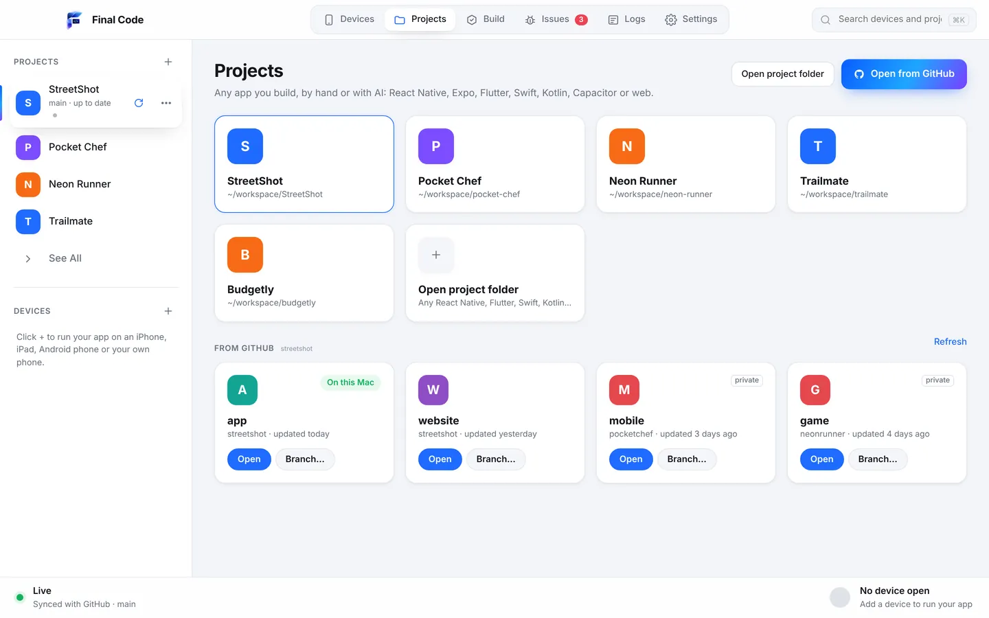 Final Code Projects screen listing local project folders and GitHub repositories, each ready to open in one click
