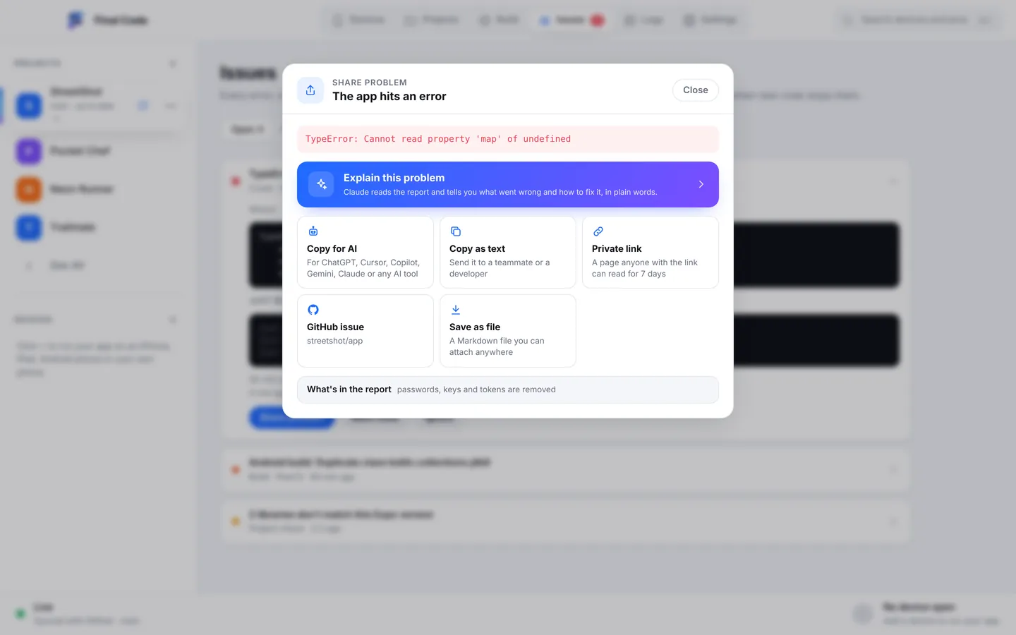 Final Code Share problem panel with a crash report, the file and line, and the Explain this problem button