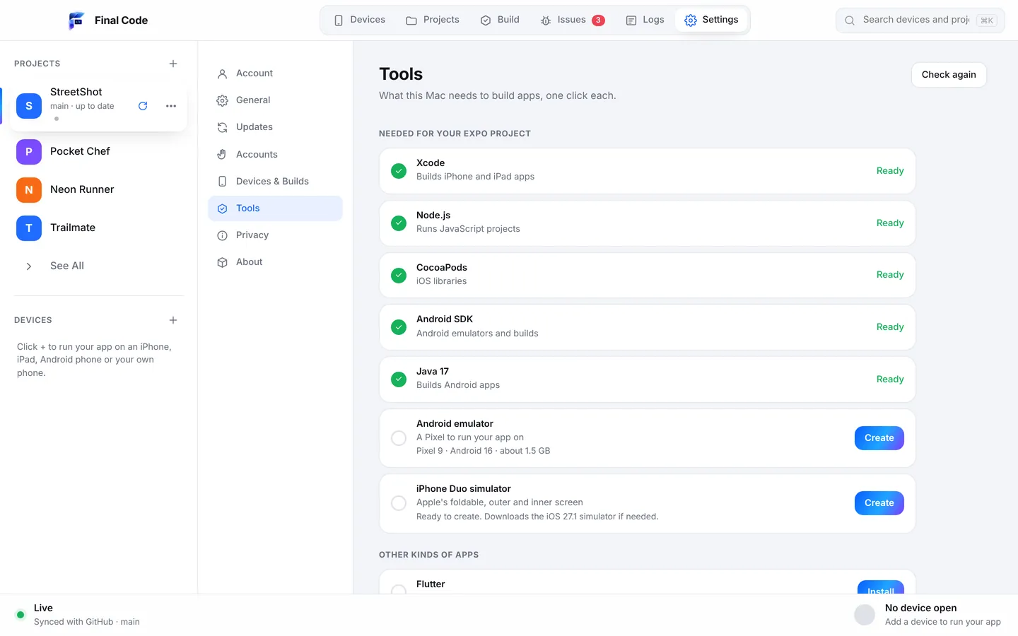 Final Code Settings, Tools section showing Xcode components, simulators, the Android SDK and other tools with a one-click install button for each